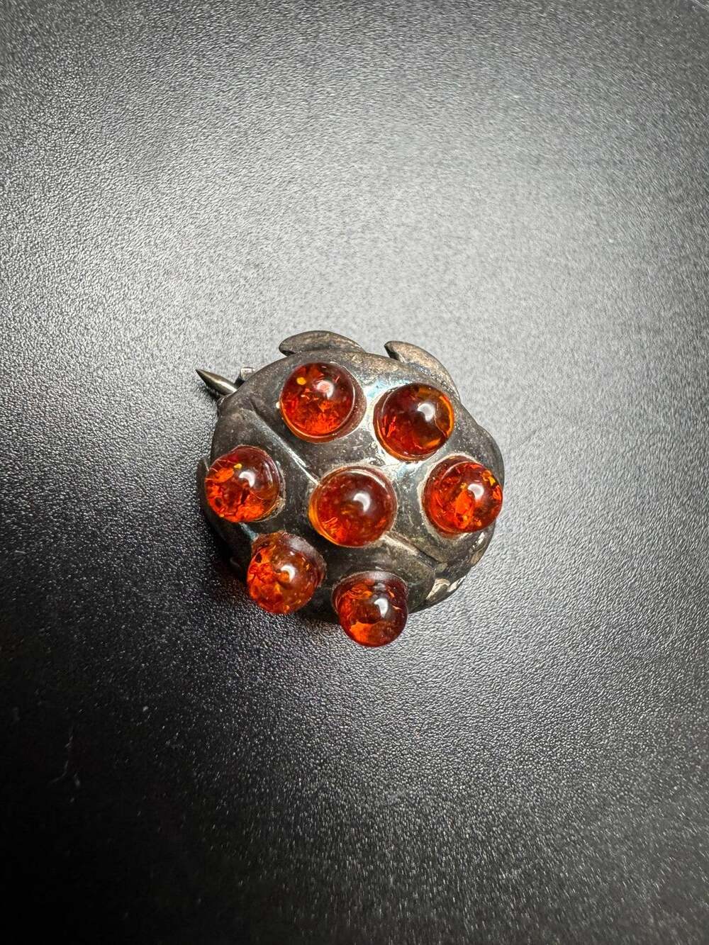 Vintage 925 Sterling Silver Amber Cabochon Brooch Pin Floral Design